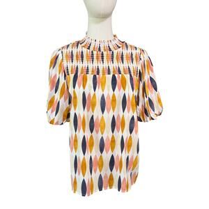 THML Smocked Neck Geometric Print Puff Sleeve Blouse Size S Boho Colorful